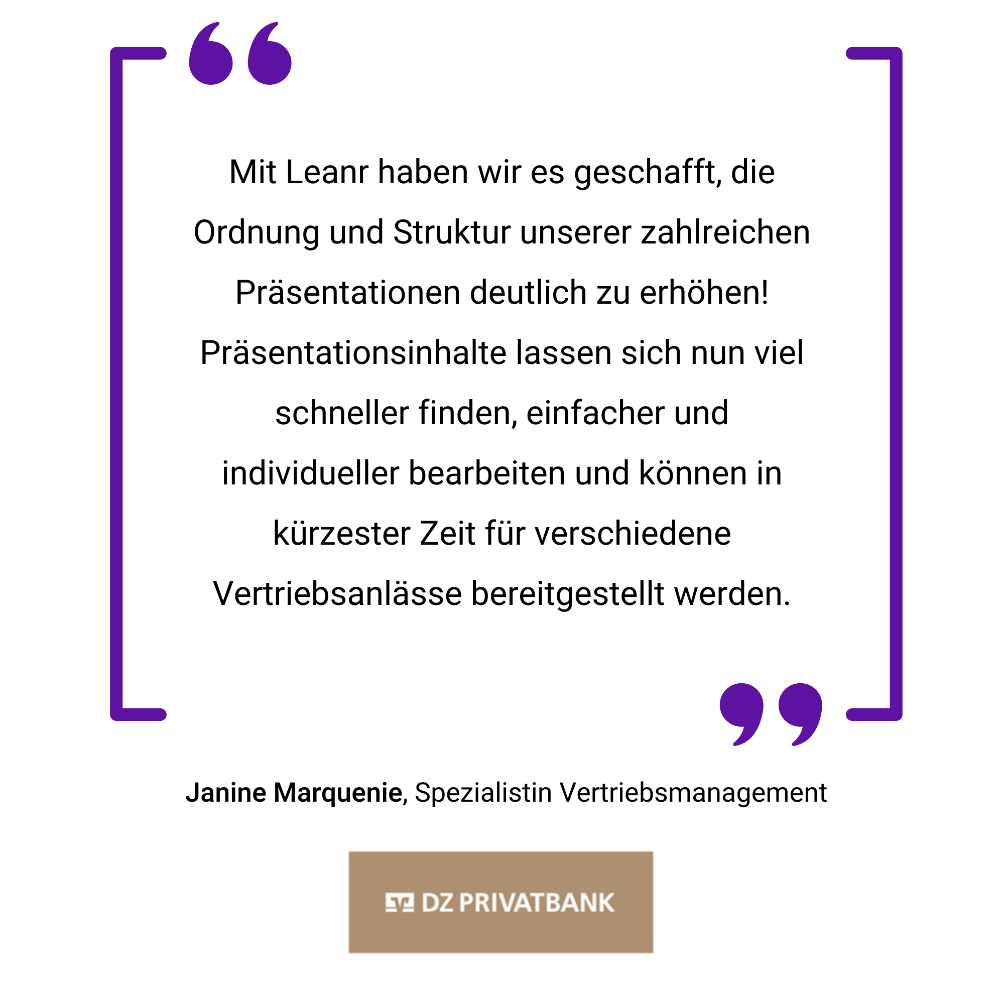 A purple square featuring a quote in german by janine marquesenio about increasing presentations and efficiency at dz privatbank, presented in white text.