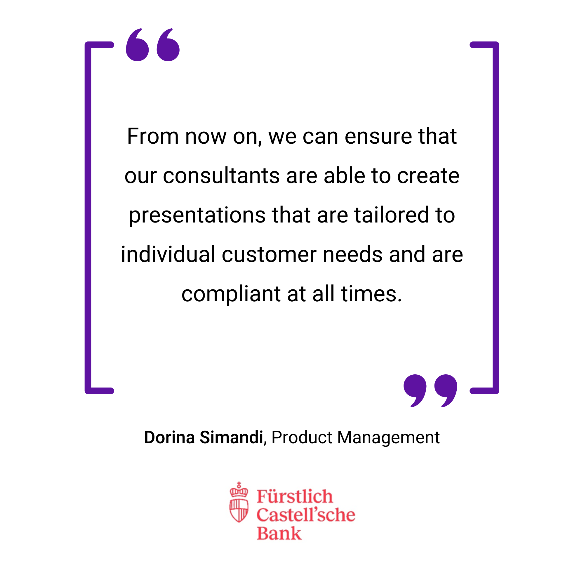 Grafik eines Zitats zum Erstellen maßgeschneiderter Präsentationen, das Dorina Simandi von der Firstliche Bank zugeschrieben wird, mit dem Logo der Bank unten.