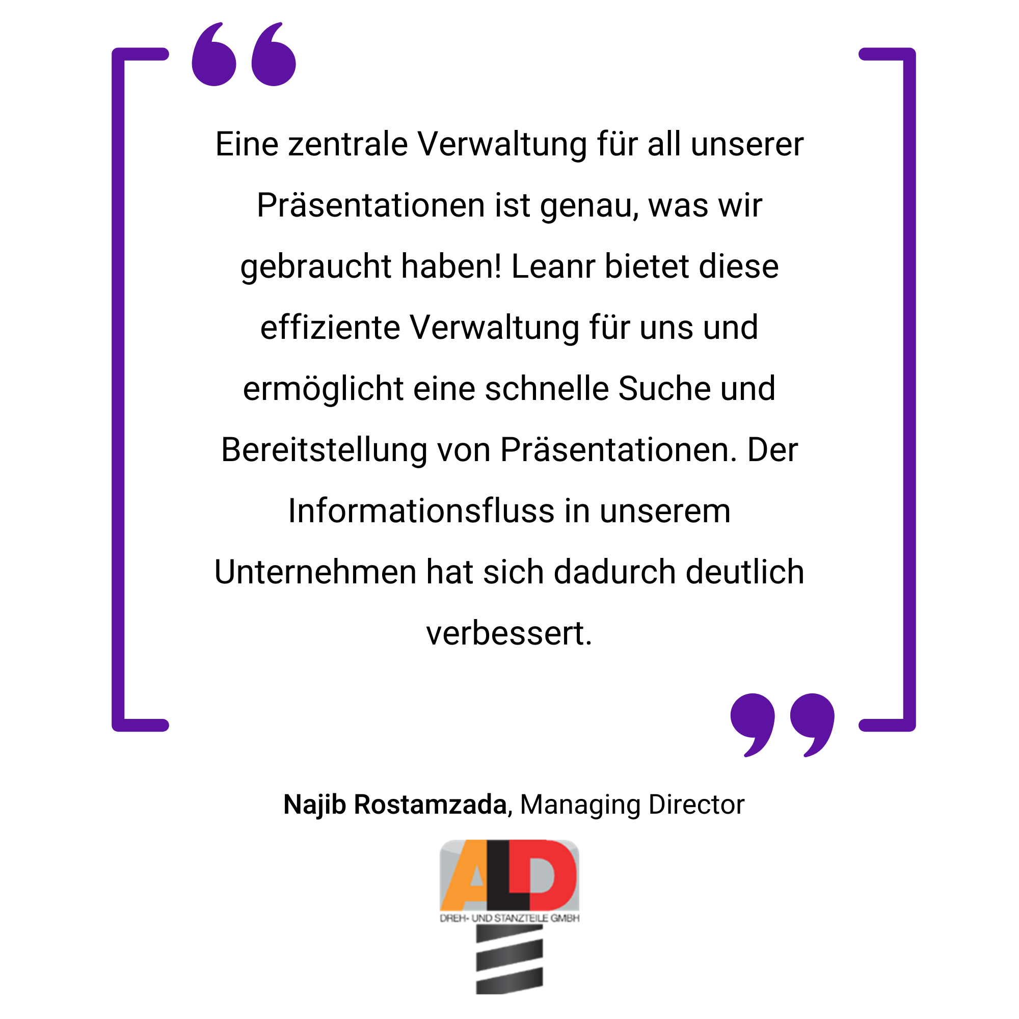 Quote in german about efficient management in a purple box with a cited name, najib rostamzada, and a logo at the bottom right corner.