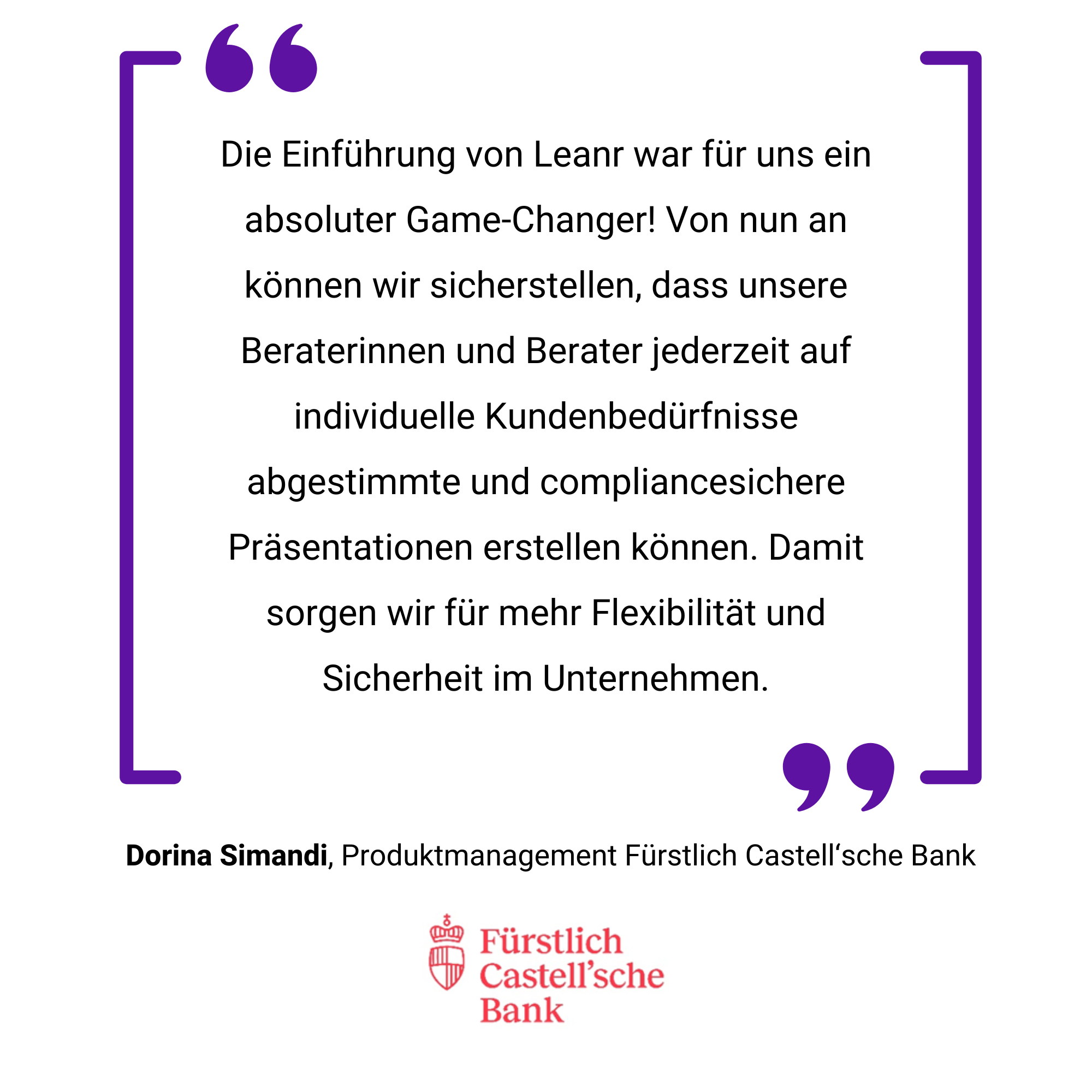 A promotional graphic with a quote from dorina simandi on the benefits of learnr for fürstliche castell's bank, featuring the bank's logo at the bottom right.
