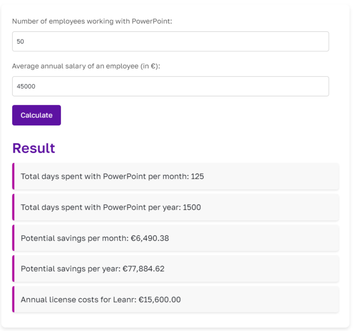 Screenshot of a web-based calculator interface for determining cost savings associated with powerpoint usage, displaying fields for employee count, salary, and calculated savings.