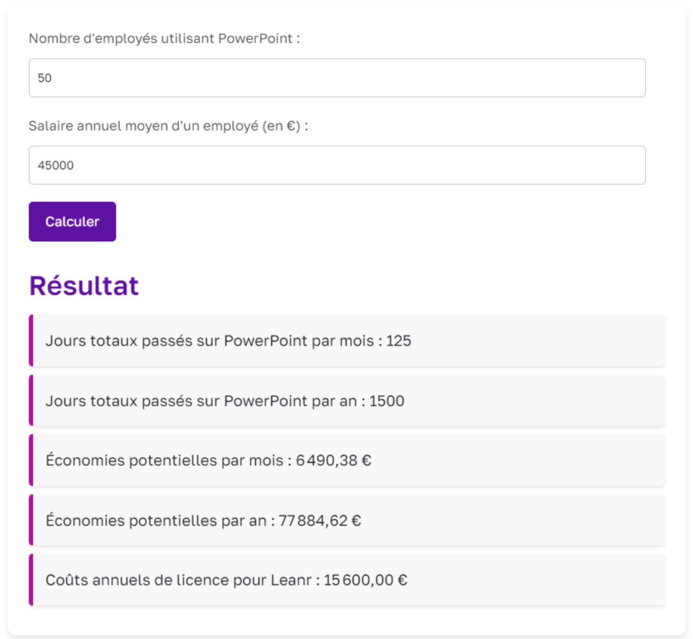 Une capture d'écran d'un calculateur de formulaire Web français estimant le temps et les économies potentielles associées à l'utilisation de PowerPoint, affichant les champs de saisie et les résultats calculés.
