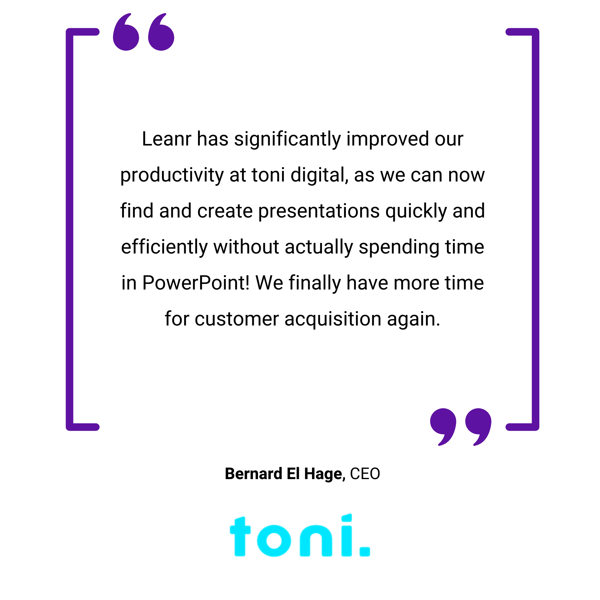 Ein violett umrandetes Bild mit einem Zitat über digitale Produktivität in Powerpoint von Bernard El Hage bei Toni, vor einem hellblauen Hintergrund.