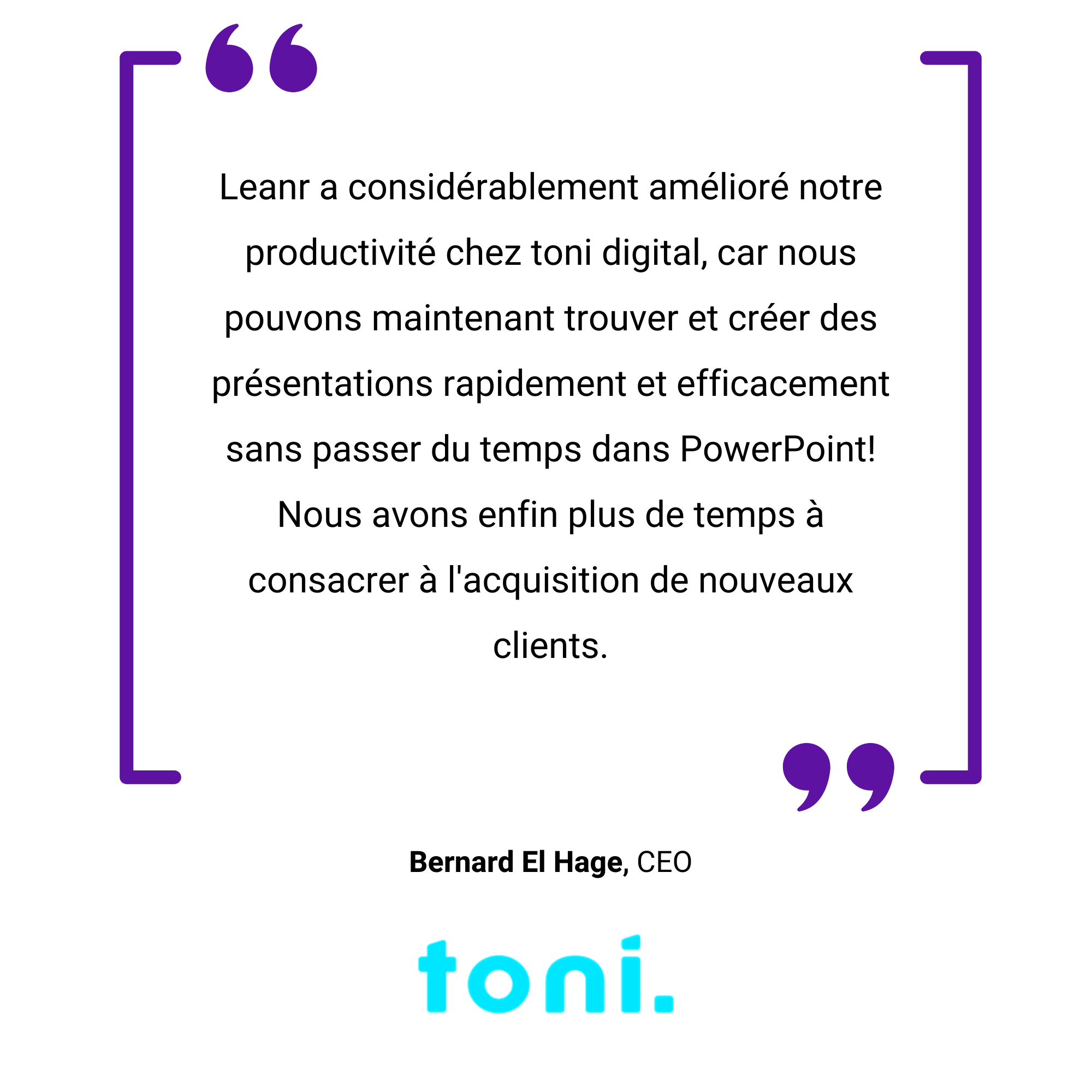 Une image graphique comportant une citation en français sur la productivité et les outils numériques par Bernard El Hage, affichée dans une boîte de dialogue violette avec le logo "tonis" en bas à droite.