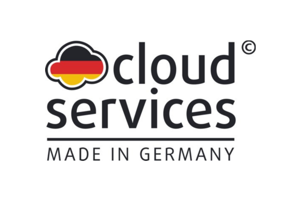 Logo with a cloud graphic featuring the German flag colors, accompanied by the text "cloud services" and "Made in Germany" below.