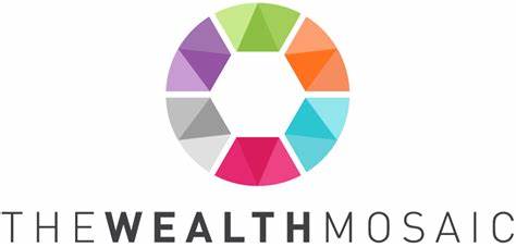 Le logo Wealth Mosaic présente un design circulaire avec des segments géométriques colorés au-dessus du texte « THE WEALTH MOSAIC » en polices grasses et régulières.