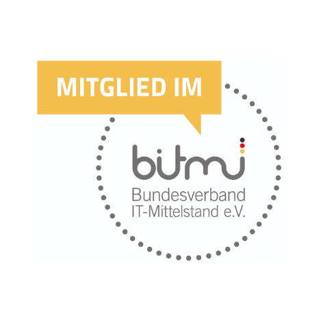 Logo mit gelber Sprechblase mit der Aufschrift „MITGLIED IM“ über dem Text „bitmi Bundesverband IT-Mittelstand e.V.“ innerhalb eines gepunkteten Kreises.