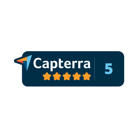 Capterra-Logo mit fünf orangefarbenen Sternen und der Zahl 5, die eine Fünf-Sterne-Bewertung anzeigt.
