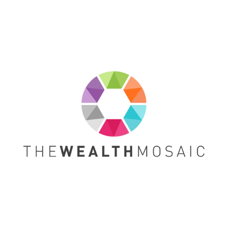 Logo mit einem mehrfarbigen kreisförmigen Mosaik über dem Text „THE WEALTH MOSAIC“, wobei „WEALTH“ in Fettschrift steht.