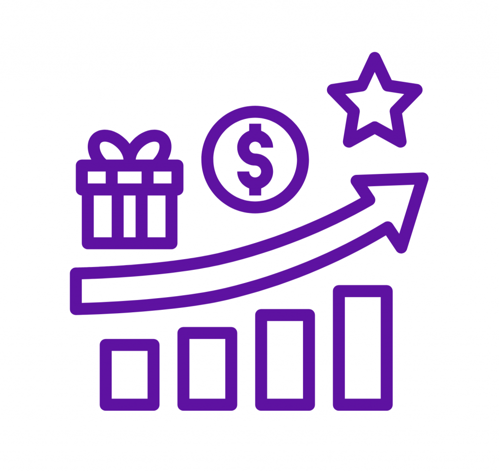 Ein Balkendiagramm mit einem Aufwärtspfeil, einer Geschenkbox, einem Dollarzeichen und einem Stern, das finanzielles oder geschäftliches Wachstum und Belohnungen darstellt.