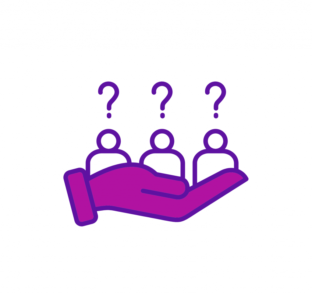 Eine violette Hand hält drei umrissene menschliche Figuren, jede mit einem violetten Fragezeichen über ihrem Kopf, auf weißem Hintergrund.