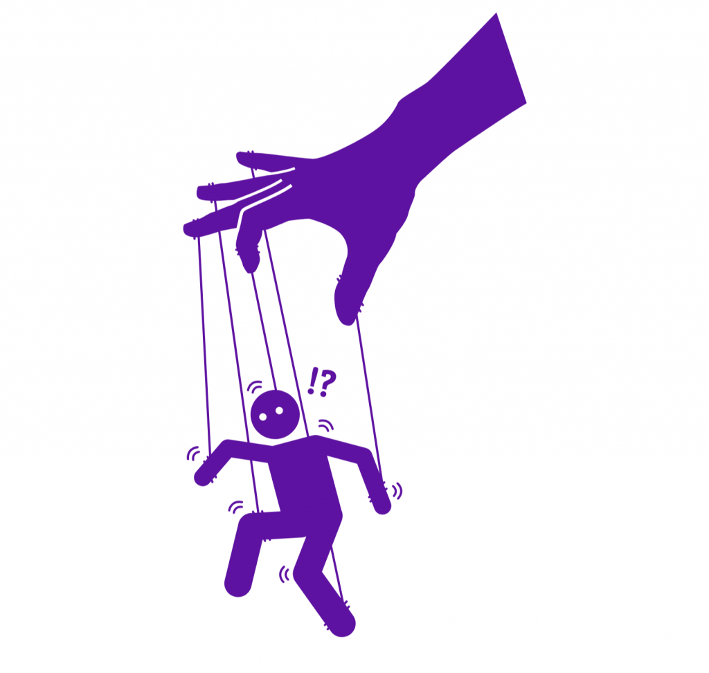 Eine große violette Hand steuert eine Strichmännchenpuppe an Fäden; die Puppe wirkt überrascht, was durch Ausrufe- und Fragezeichen über ihrem Kopf angezeigt wird.