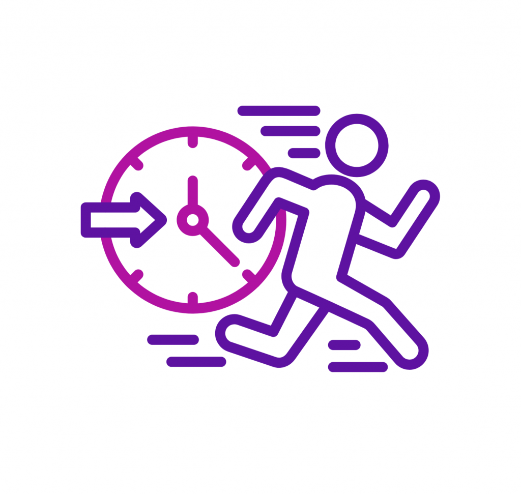 Illustration einer Person, die mit einer Uhr und einem Pfeil rennt, als Symbol für Dringlichkeit oder Wettlauf mit der Zeit.