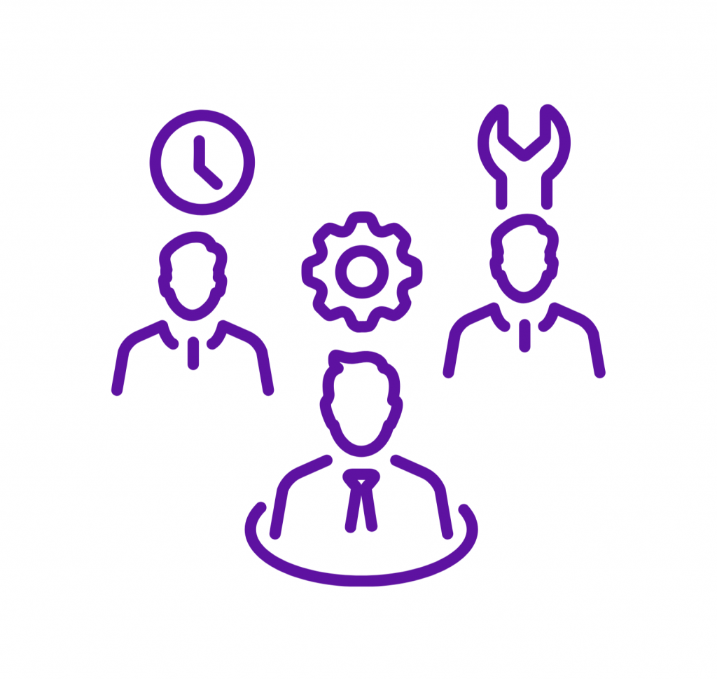 Lila umrandete Icons von drei Personen mit einer Uhr, einem Zahnrad und einem Schraubenschlüssel über ihnen, die Teamarbeit, Fähigkeiten und Zeitmanagement auf einem weißen Hintergrund darstellen.