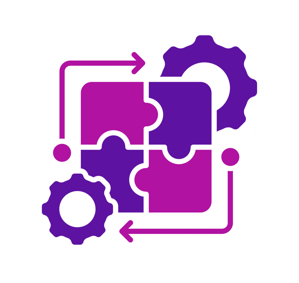 Vier ineinandergreifende Puzzleteile mit zwei Zahnrädern und zwei Pfeilen, die Integration, Zusammenarbeit oder Prozessmanagement symbolisieren, auf einem weißen Hintergrund.