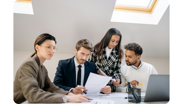 Vier Fachleute sitzen und stehen um einen Tisch herum, prüfen Dokumente und besprechen die Arbeit in einem hellen Büro mit Tageslicht durch ein Oberlicht.