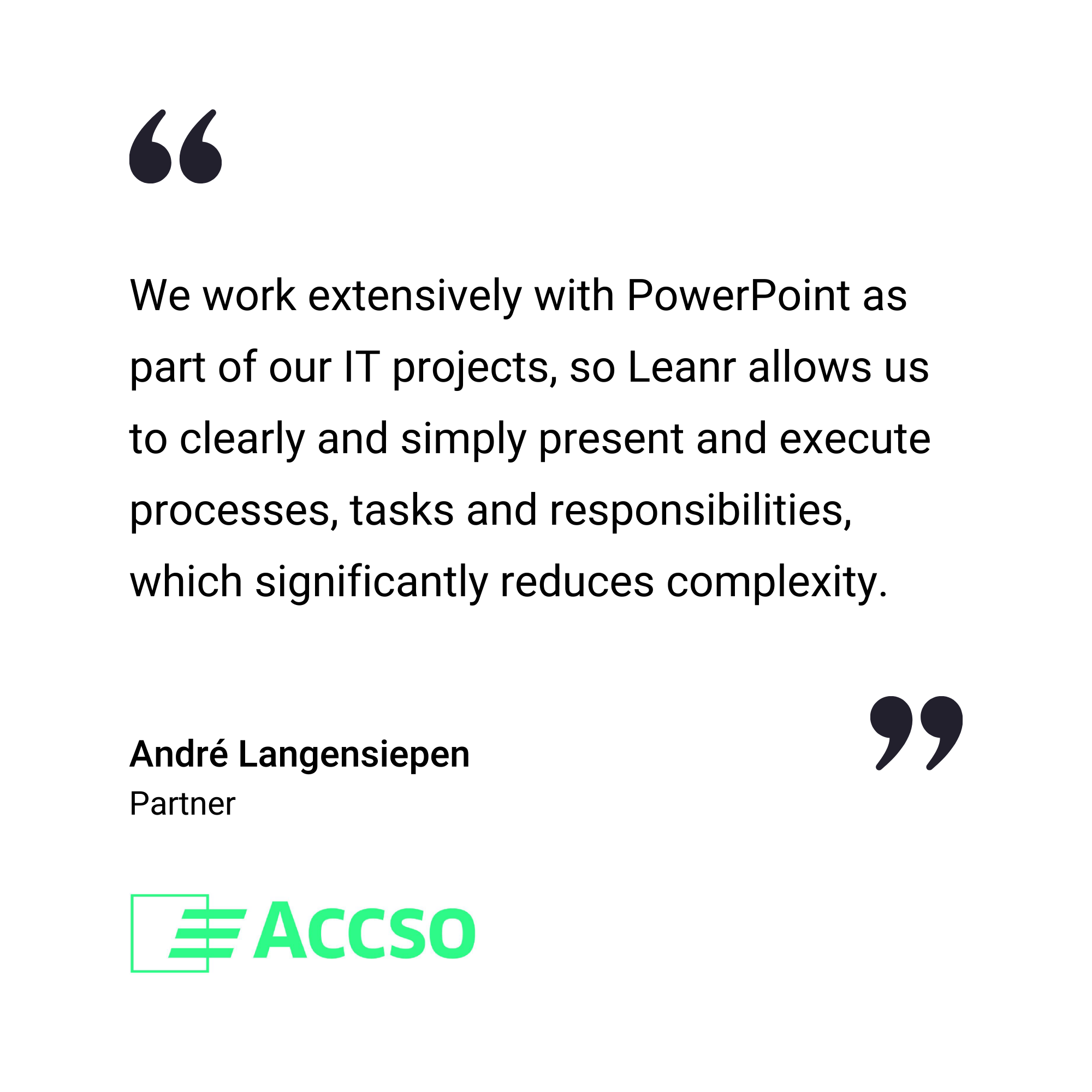 A testimonial quote about PowerPoint and Leanr by André Langensiepen, Partner at Accso, with the Accso logo at the bottom.