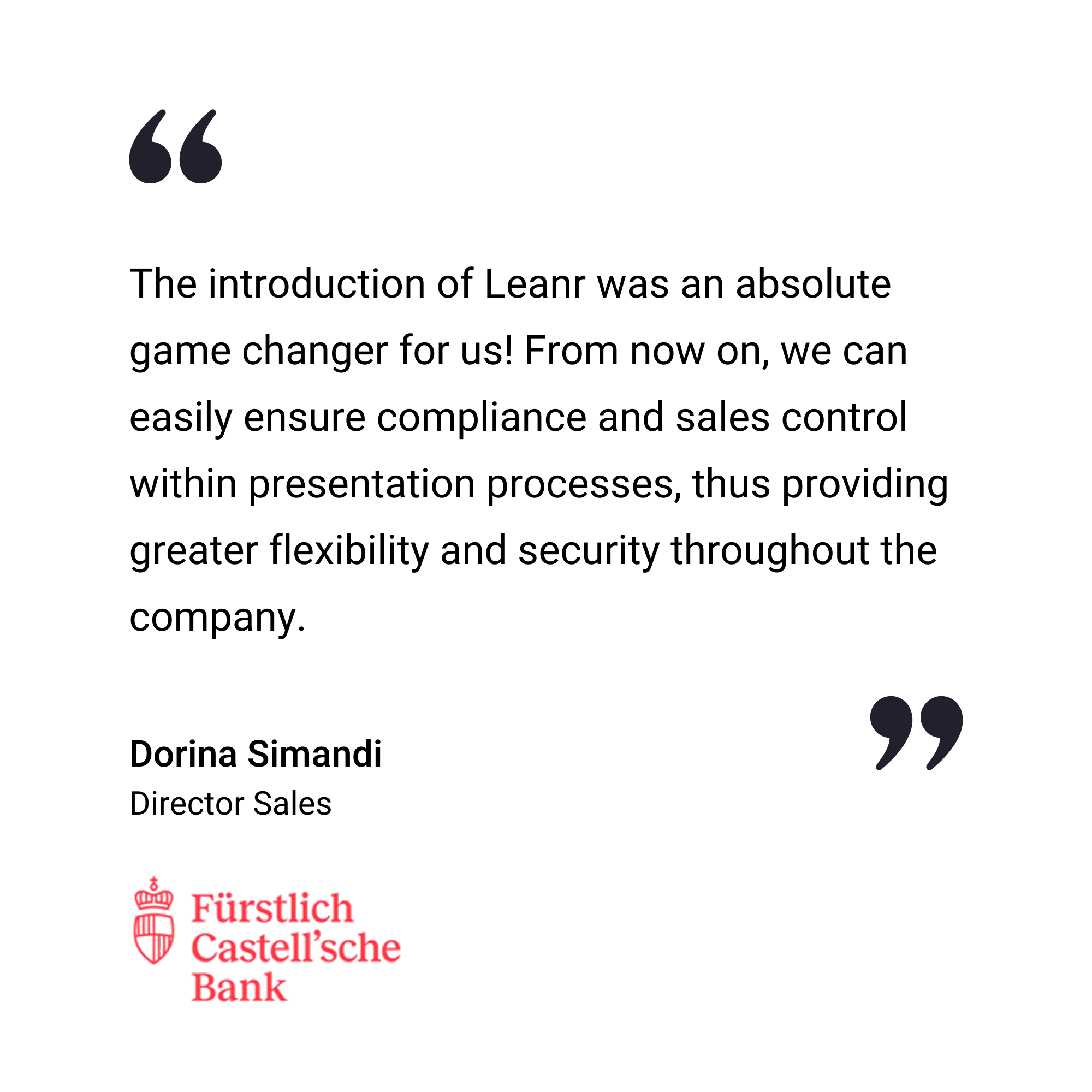A testimonial quote about Leanr’s impact on compliance and sales control, attributed to Dorina Simandi, Director Sales, with the Fürstlich Castell’sche Bank logo.