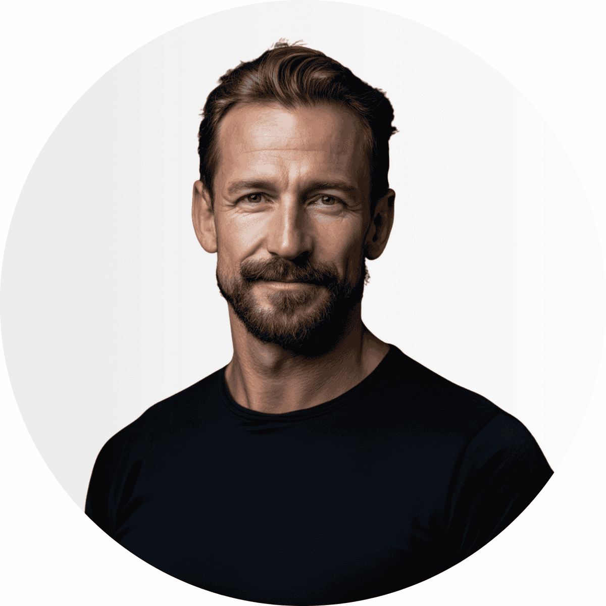 Ein Mann mit kurzen braunen Haaren, einem Bart und Schnurrbart, der ein schwarzes Hemd trägt, posiert vor einem schlichten weißen Hintergrund.