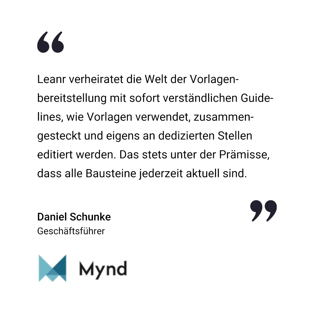Deutsches Textzitat &uuml;ber Vorlagenrichtlinien von Daniel Schunke, Gesch&auml;ftsf&uuml;hrer, mit dem Mynd-Logo am unteren Rand.