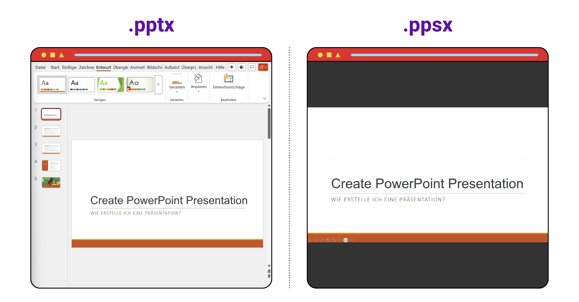 Comparison of PowerPoint presentation file types: .pptx editable in PowerPoint interface on the left, .ppsx slideshow mode on the right, both showing the same slide.