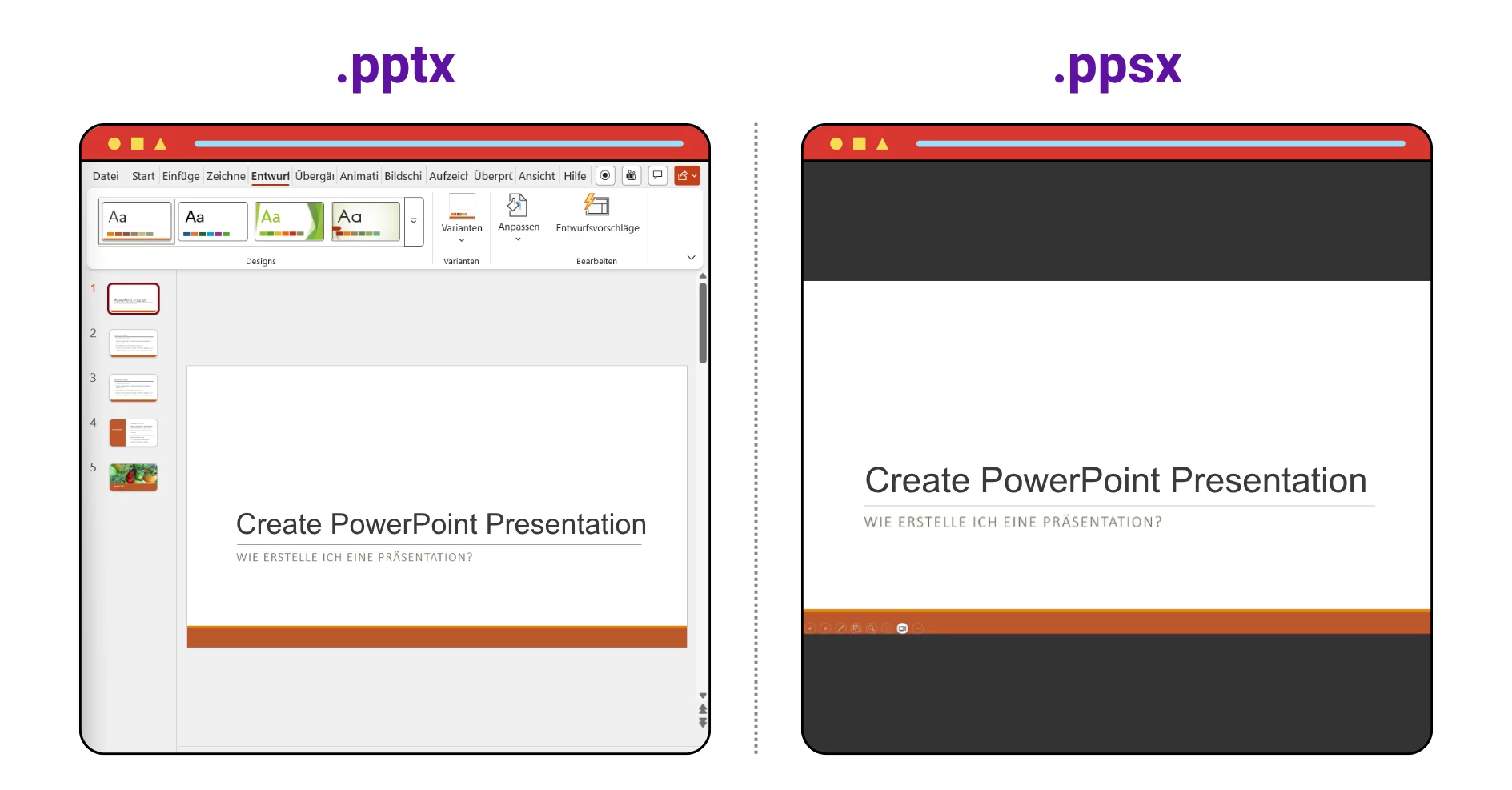 PPTX vs. PPSX: What is the difference and when to use which format? 3 Comparison of PowerPoint presentation file types: .pptx editable in PowerPoint interface on the left, .ppsx slideshow mode on the right, both showing the same slide.