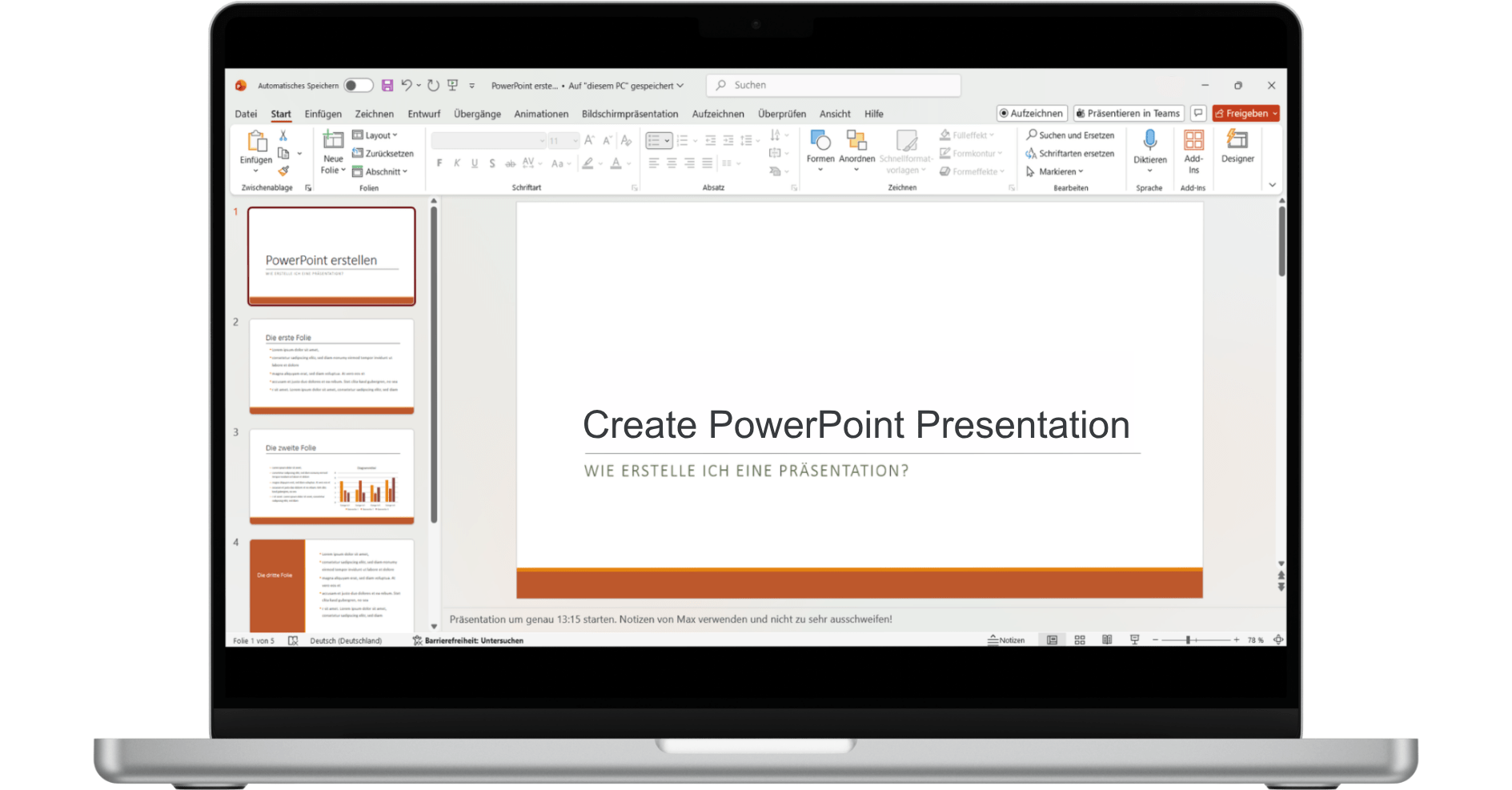 A laptop displays a PowerPoint presentation in German and English titled "Create PowerPoint Presentation" on the screen.