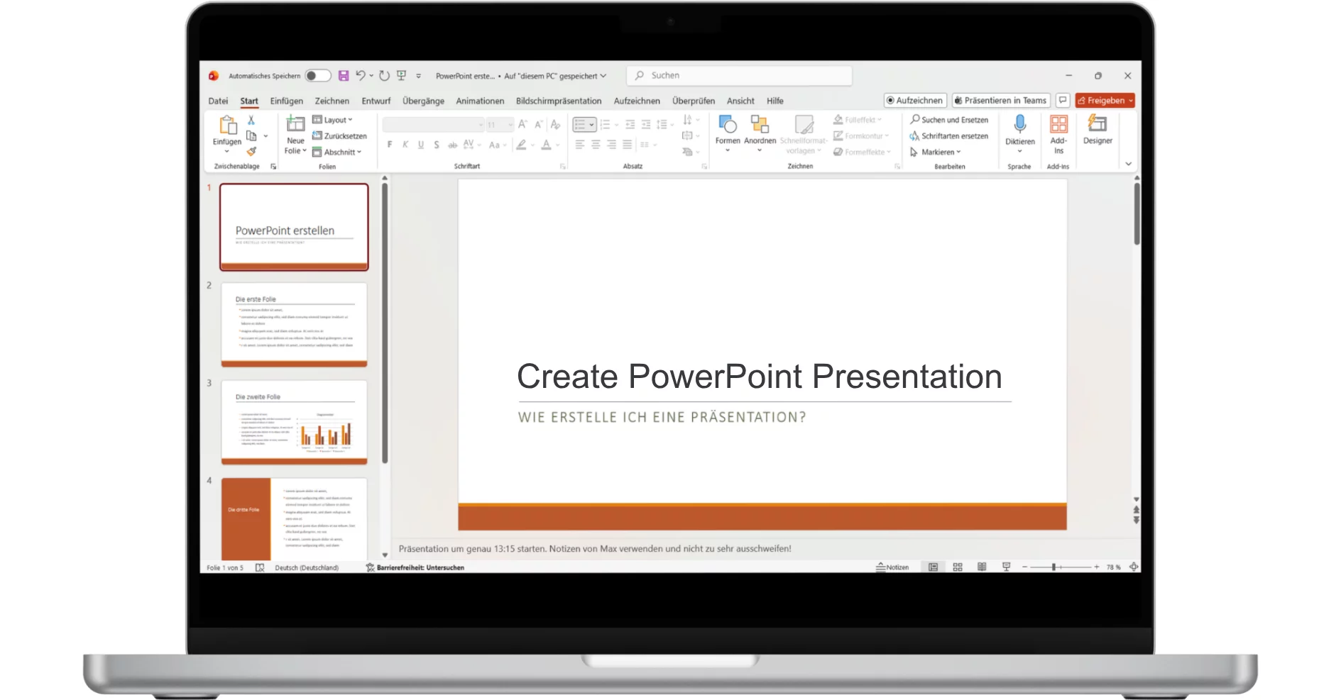 PPTX vs. PPSX: What is the difference and when to use which format? 1 A laptop displays a PowerPoint presentation in German and English titled "Create PowerPoint Presentation" on the screen.