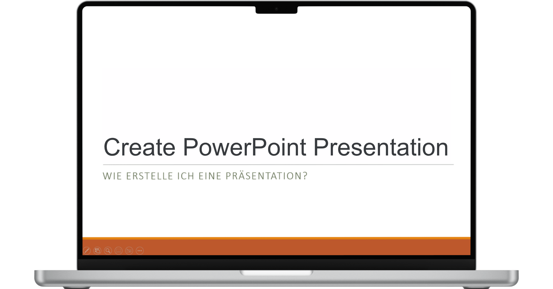 A laptop screen displays a PowerPoint slide titled "Create PowerPoint Presentation" with a subtitle in German: "Wie erstelle ich eine Präsentation?.