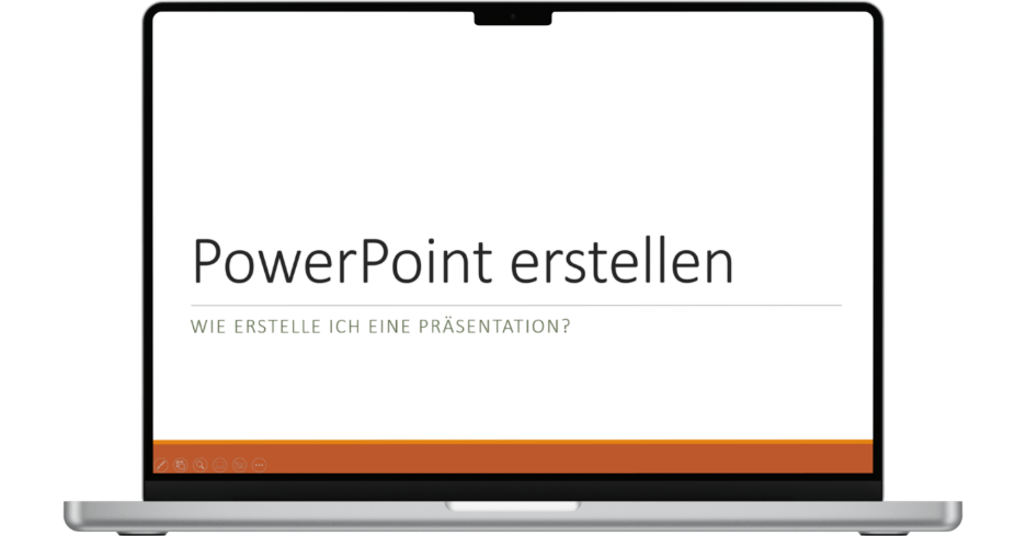 Ein Laptop zeigt eine PowerPoint-Folie mit dem Titel "PowerPoint erstellen" und dem Untertitel "Wie erstelle ich eine Pr&auml;sentation?" auf Deutsch.