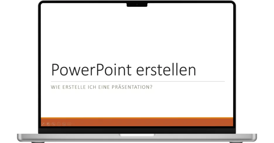 Ein Laptop zeigt eine PowerPoint-Folie mit dem Titel "PowerPoint erstellen" und dem Untertitel "Wie erstelle ich eine Präsentation?" auf Deutsch.