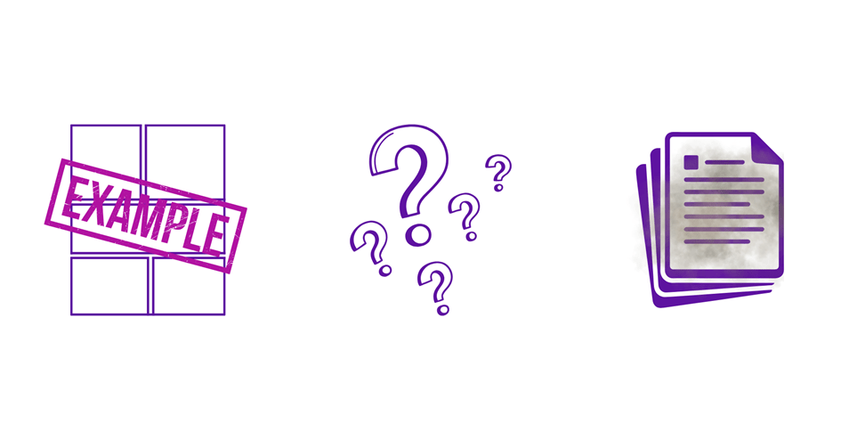 Ein violetter "Beispiel"-Stempel auf Papier, mehrere violette Fragezeichen und ein Stapel violetter Papiere, alles auf weißem Hintergrund.