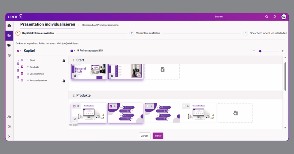 Screenshot einer Weboberfläche zur Anpassung einer Präsentation mit ausgewählten Folien und Navigationsschaltflächen in lila-weißer Farbgebung.