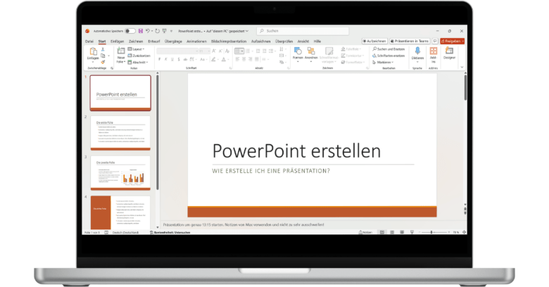 Ein Laptop, auf dem eine PowerPoint-Pr&auml;sentation mit dem Titel "PowerPoint erstellen" angezeigt wird, mit Folien im linken Fensterbereich und Bearbeitungswerkzeugen im oberen Bereich.