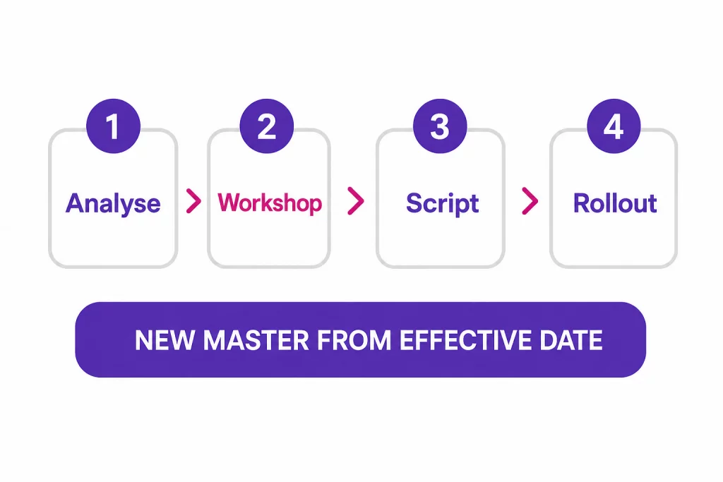 Tracking Changes in PowerPoint: Keeping Versioning and Approval Under Control 2 Four-step process: Analyse, Workshop, Script, Rollout. Highlighted text reads "NEW MASTER FROM EFFECTIVE DATE." Steps are numbered 1 to 4 with arrows indicating sequence.