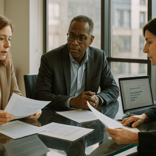 Three people in business attire are sitting at a glass table, looking over documents together. Next to them is a laptop, and a bar chart is visible on its screen.