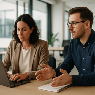 Präsentation erstellen: So gelingt es in Minuten statt Stunden 4 Zwei Personen sitzen an einem Tisch in einem Büro; eine tippt auf einem Laptop, während die andere gestikuliert und ein Notizbuch in der Hand hält; beide wirken ganz in ihre Arbeit vertieft.