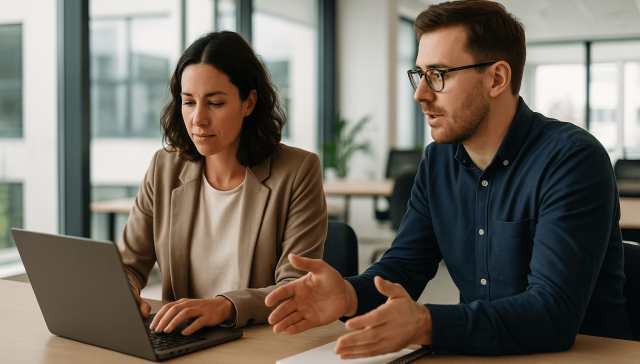 Präsentation erstellen: So gelingt es in Minuten statt Stunden 1 Zwei Personen sitzen an einem Tisch in einem Büro; eine tippt auf einem Laptop, während die andere gestikuliert und ein Notizbuch in der Hand hält; beide wirken ganz in ihre Arbeit vertieft.