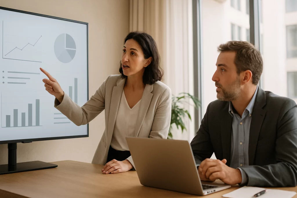 Two people in business attire are sitting at a desk; one is pointing at a screen displaying charts and graphs, while the other is watching and has an open laptop in front of them.
