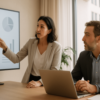 Die perfekte Unternehmenspräsentation online: Struktur, Inhalt und professionelles Management 2 Zwei Personen in Geschäftskleidung sitzen an einem Schreibtisch; eine zeigt auf einen Bildschirm, auf dem Diagramme und Grafiken zu sehen sind, während die andere zusieht und vor sich einen geöffneten Laptop hat.