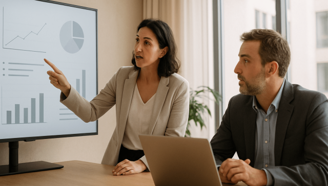 Die perfekte Unternehmenspräsentation online: Struktur, Inhalt und professionelles Management 1 Zwei Personen in Geschäftskleidung sitzen an einem Schreibtisch; eine zeigt auf einen Bildschirm, auf dem Diagramme und Grafiken zu sehen sind, während die andere zusieht und vor sich einen geöffneten Laptop hat.