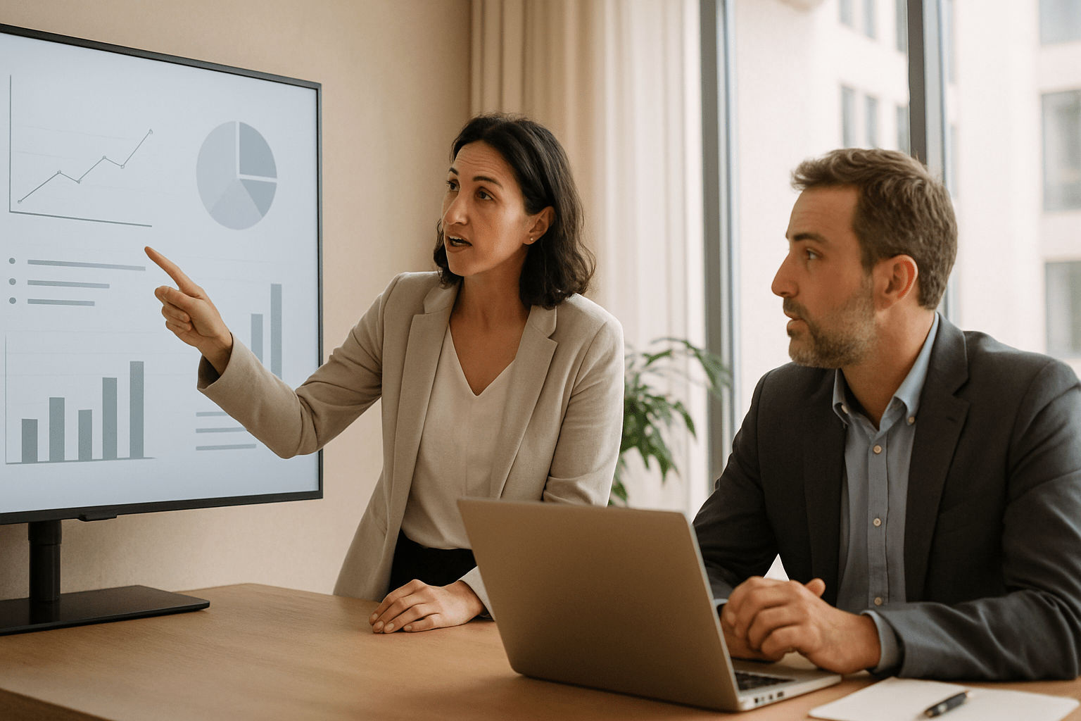 Two people in business attire are sitting at a desk; one is pointing at a screen displaying charts and graphs, while the other is watching and has an open laptop in front of them.