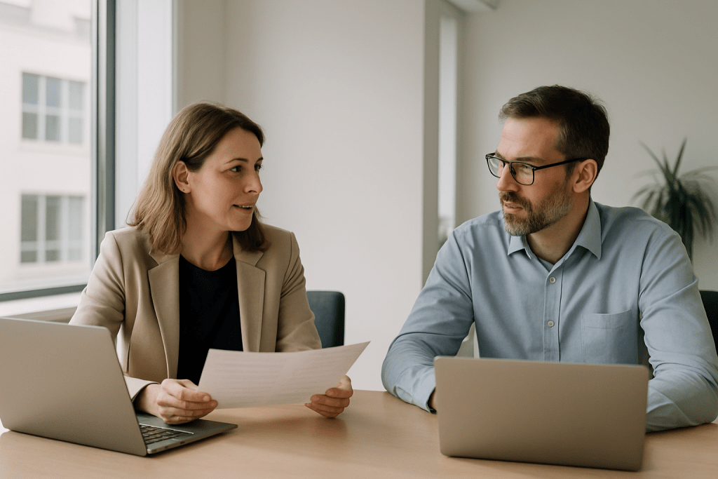 Zwei Personen sitzen mit Laptops an einem Tisch, eine davon hält ein Blatt Papier in der Hand, und unterhalten sich in einem hellen Büro.