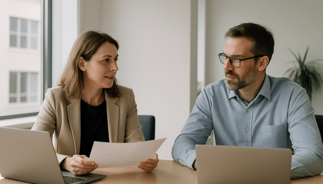 Dokumentenmanagement: Warum intelligente Systeme den Unterschied machen 1 Zwei Personen sitzen mit Laptops an einem Tisch, eine davon hält ein Blatt Papier in der Hand, und unterhalten sich in einem hellen Büro.