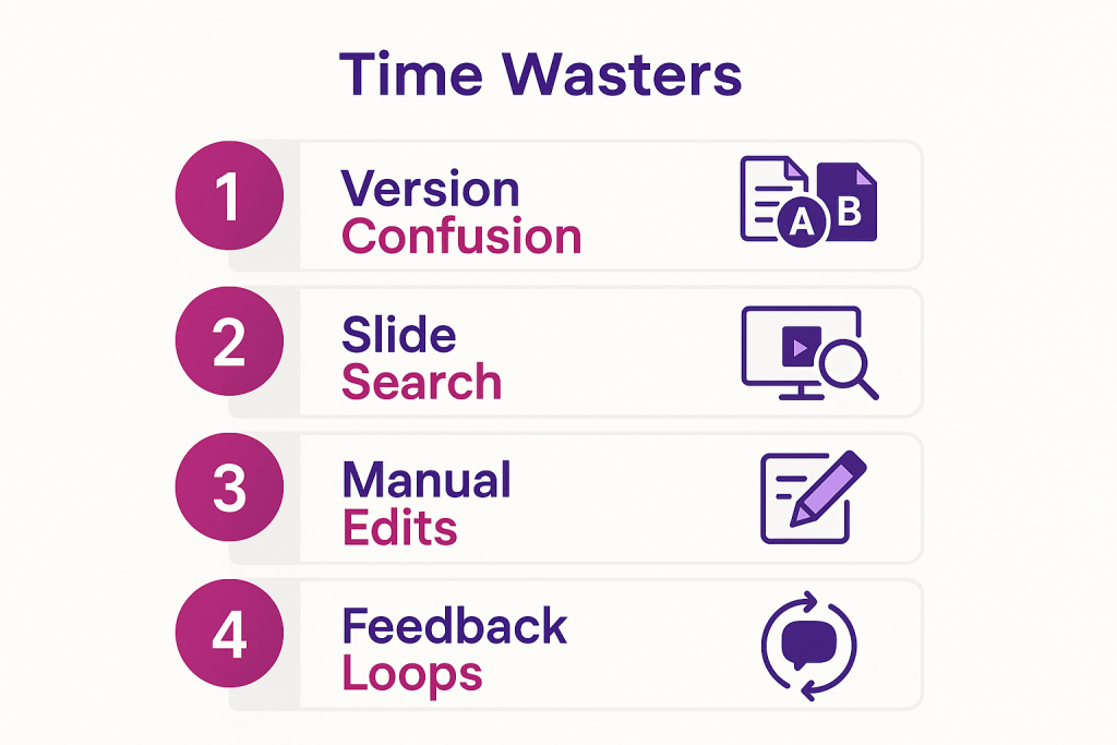How to Create a Presentation: Do It in Minutes Instead of Hours 1 A list titled "Time Wasters" shows four points: Version Confusion, Slide Search, Manual Edits, and Feedback Loops, each with a related icon and numbered from one to four.