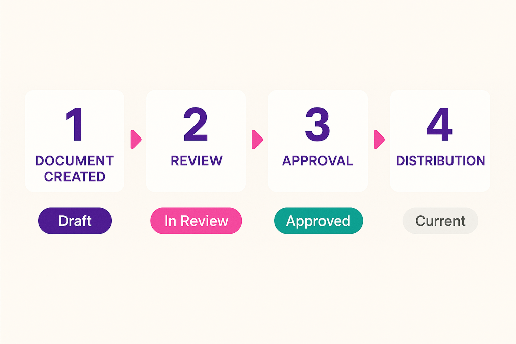 A four-step workflow diagram: 1 Document Created (Draft), 2 Review (In Review), 3 Approval (Approved), 4 Distribution (Current).