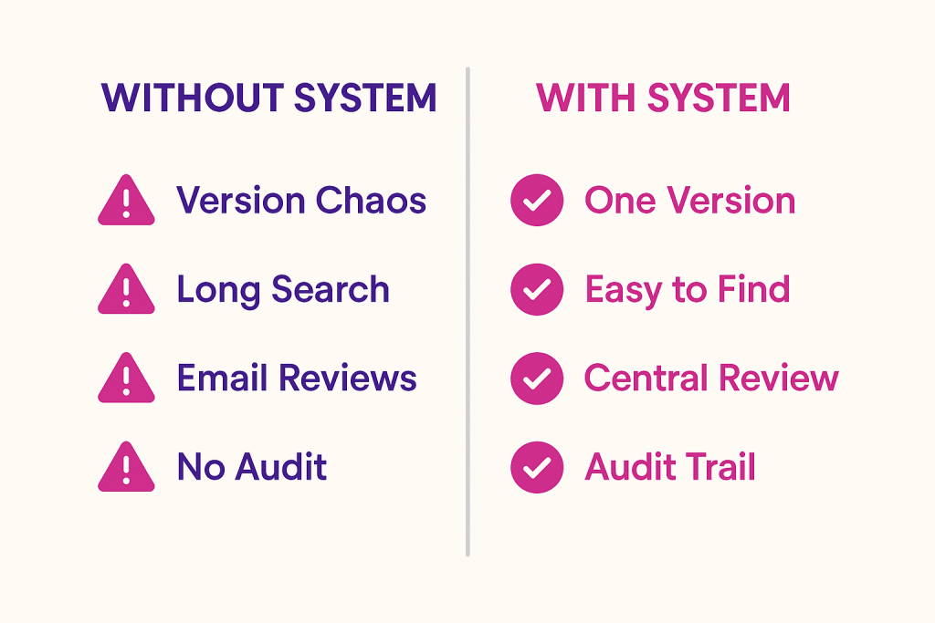 A comparison chart showing drawbacks without a system and benefits with a system, including version control, search, review, and audit features.