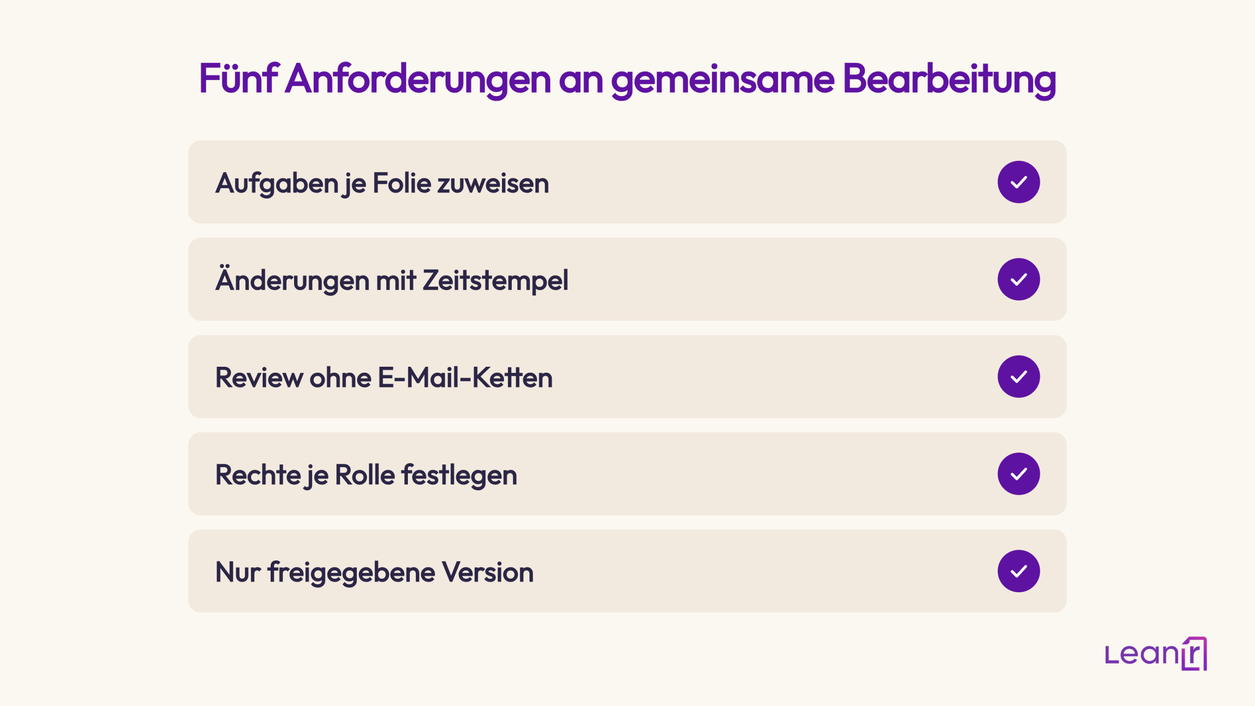 PowerPoint gemeinsam bearbeiten: Wege, Grenzen und klare Regeln 2 Checkliste mit fünf Anforderungen an die gemeinsame Bearbeitung von Präsentationen im Unternehmen.